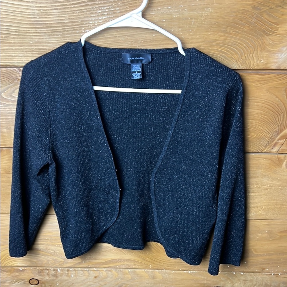 Pointelle Women’s Black Open-Front Sweater L Cardigan silk metallic nylon blend